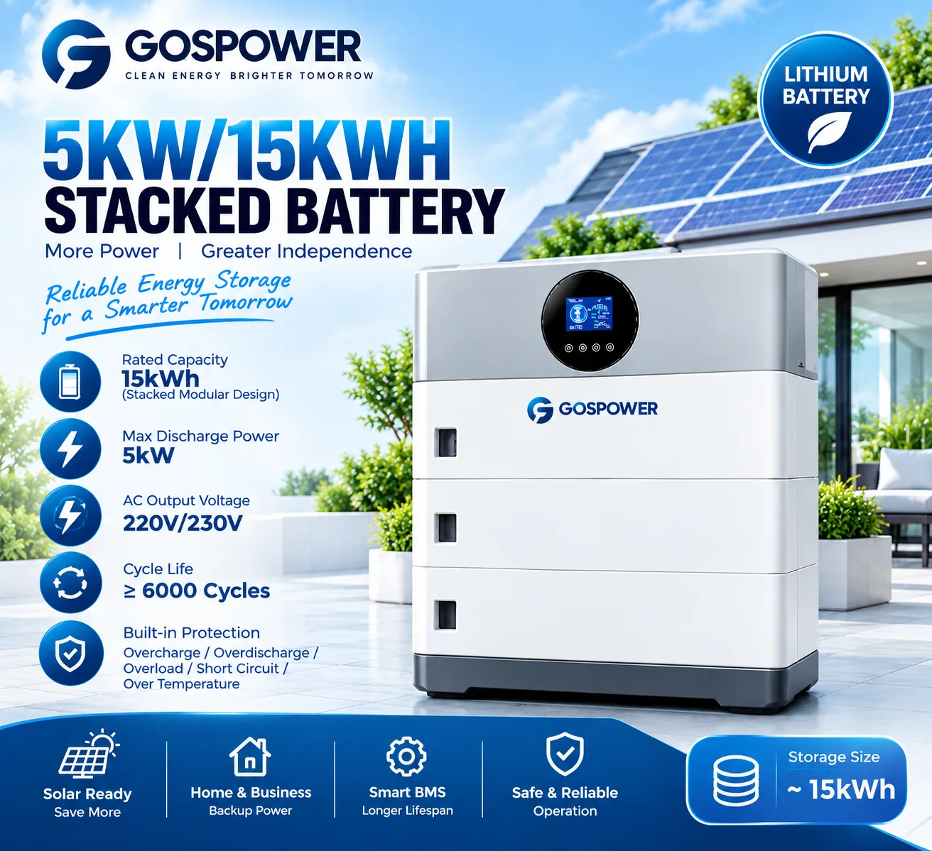 Gospower 5KW 15kWh Stacked Lithium Battery