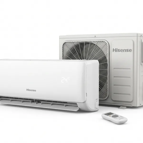 Hisense 1.5HP SPL Copper-TG Split Air Conditioner system on a solid white background, displaying the sleek white indoor unit with an LED temperature reading, the sturdy outdoor condenser unit, and a handheld wireless remote control.