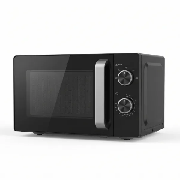 Hisense 20L manual solo microwave, model H20MOBS14-H, in black with mechanical dials, on a pure white background