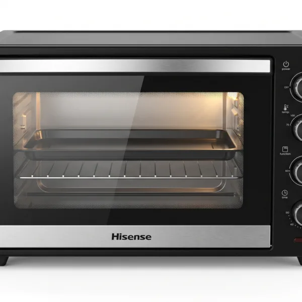 Hisense 48L solo toaster oven, model H48TOSS20S3, in black and silver with mechanical dials, inner light, and included baking tray and wire rack, on a pure white background